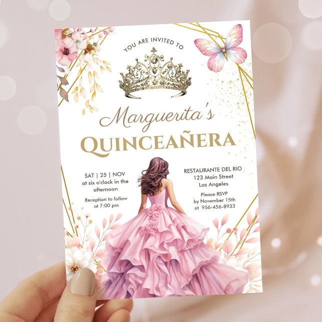 Invitación Quinceañera Tiara Chica Mariposa Floral Rosa (Subido por el creador)