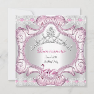Invitación Quinceañera Tiara de Cisnes Blancos y Rosados 15