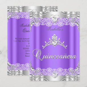 Invitación Quinceañera Tiara de Diamante Plateado Púrpura Fie