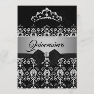Invitación Quinceañera Tiara de Diamantes con Brillo Negro y 