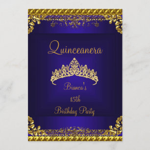Invitación Quinceañera Tiara de Diamantes Dorados Azul Profun