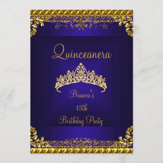 Invitación Quinceañera Tiara de Diamantes Dorados Azul Profun