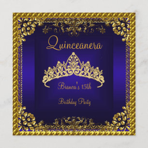 Invitación Quinceañera Tiara de Diamantes Dorados Azul Profun
