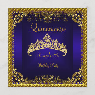 Invitación Quinceañera Tiara de Diamantes Dorados Azul Profun