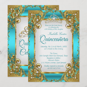 Invitación Quinceañera Tiara de fiesta azul turquesa perla do