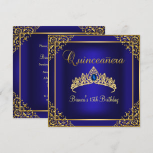 Invitación Quinceañera Tiara de Gemas Doradas y Az