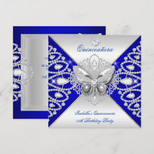 Invitación Quinceañera Tiara de Mariposa Azul Plateado 15th
