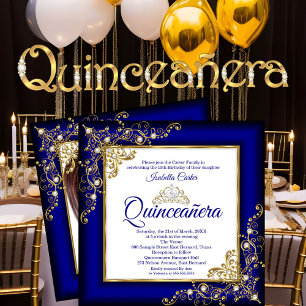 Invitación Quinceañera Tiara de perlas azul real dorado para 
