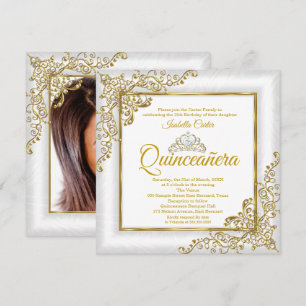 Invitación Quinceañera Tiara de perlas blancas doradas para f