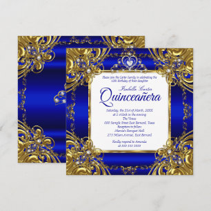 Invitación Quinceañera Tiara de perlas de oro azul real 15º