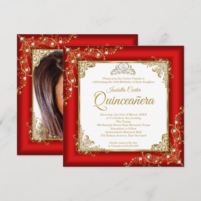 Invitación Quinceañera Tiara de perlas rojas doradas blancas  (Anverso / Reverso)