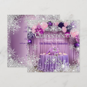Invitación Quinceañera Tiara de Purpura Rosa y Plata Copo de 
