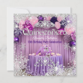 Invitación Quinceañera Tiara de Purpura Rosa y Plata Copo de 