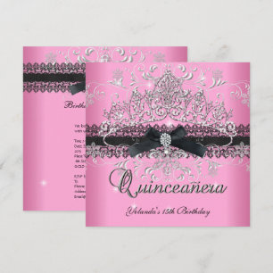 Invitación Quinceañera Tiara de purpurina rosa con lazo negro