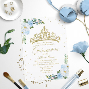 Invitación Quinceañera Tiara Dorada Española Azul 