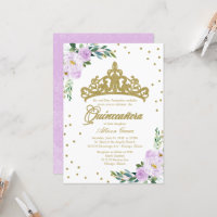 Invitación Quinceañera Tiara Dorada Flores Lilas