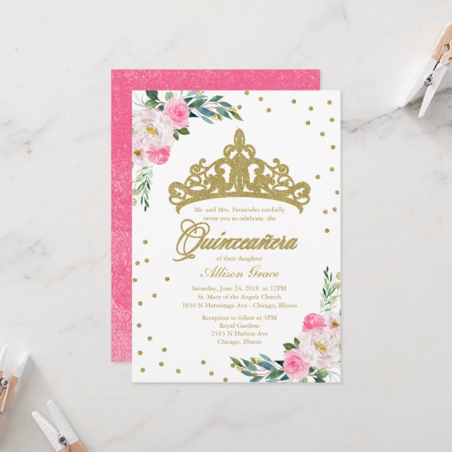 Invitación Quinceañera Tiara Dorada Flores Rosa Fu (Anverso/Reverso In Situ)