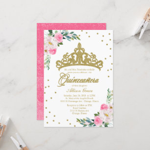 Invitación Quinceañera Tiara Dorada Flores Rosa Fu