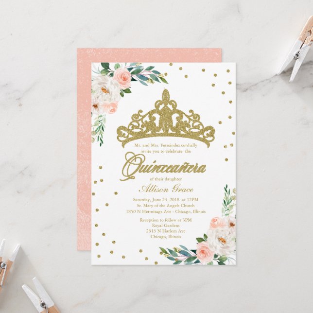 Invitación Quinceañera Tiara Dorada y Flores Rosas (Anverso/Reverso In Situ)