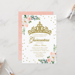 Invitación Quinceañera Tiara Dorada y Flores Rosas