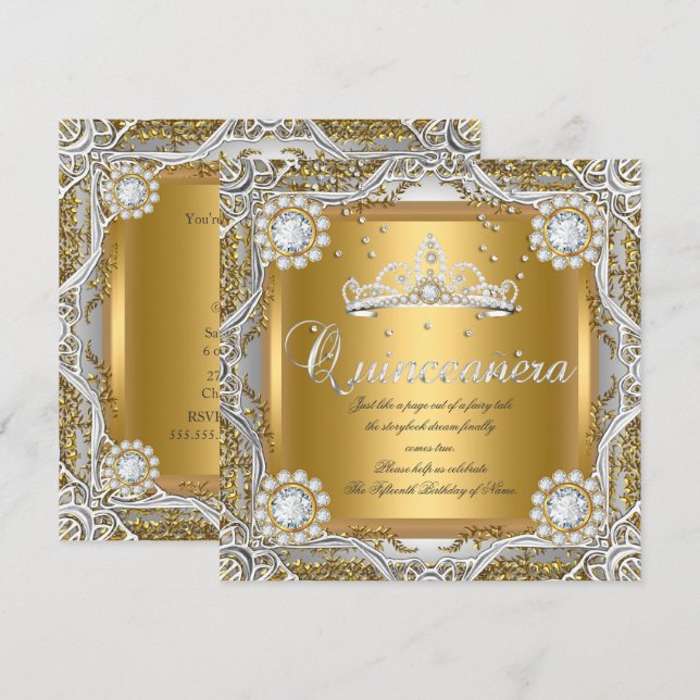 Invitación Quinceanera Tiara Dorado Diamante Cumpleaños (Anverso / Reverso)