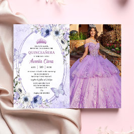 Invitación Quinceañera Tiara Floral Púrpura Mariposas Foto