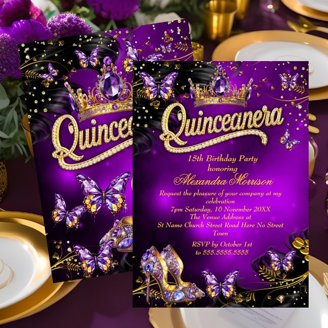 Invitación Quinceanera Tiara Gold Purple Butterflies 15th (Subido por el creador)