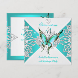 Invitación Quinceañera Tiara Mariposa Azul Turquesa Bonita 2
