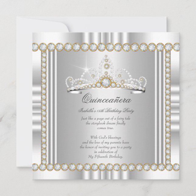 Invitación Quinceanera Tiara Plata Dorada Blanco (Anverso)