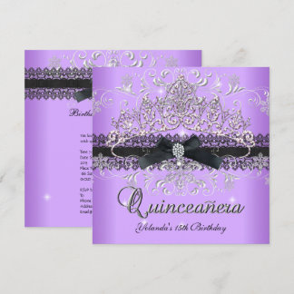 Invitación Quinceañera Tiara Purpura con Brillo y Lazo Negro 