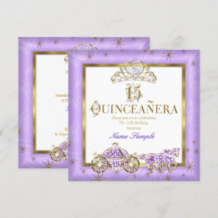 Invitación Quinceañera Tiara Purpura Dorada Carruaje de Cabal