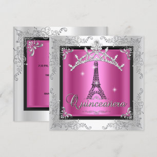 Invitación Quinceañera Tiara Rosa Plateada Torre Eiffel