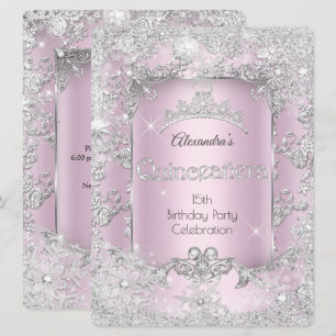 Invitación Quinceañera Tiara Rosa Plateado Invierno Mágico