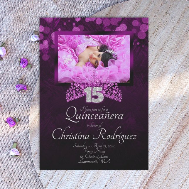 Invitación Quinceañera Tiara Rosa y Morado (royal purple quinceanera invitations, silver 15)