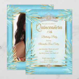 Invitación Quinceañera Tiara Teal Dorada Cumpleaños Fiesta Fo