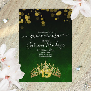 Invitación Quinceañera Tiara Verde Oscuro y Dorado