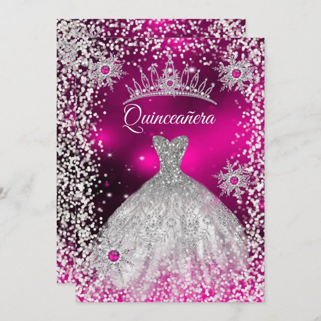 Invitación Quinceanera Tiara Vestido de invierno rosado Snowf (Anverso / Reverso)
