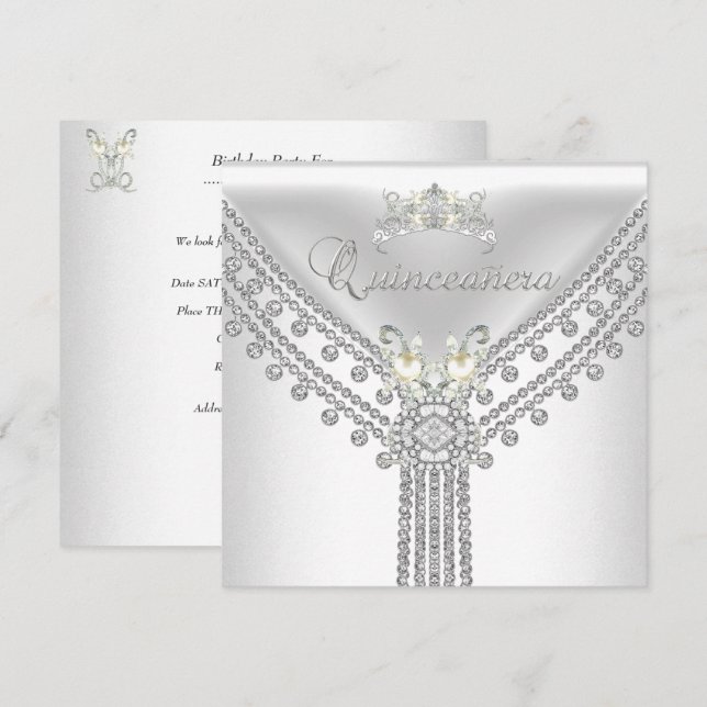 Invitación Quinceañera Tiara White Diamond Pearl (Anverso / Reverso)