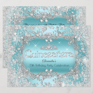 Invitación Quinceañera Tiarra de Plata Turquesa Invierno Mági