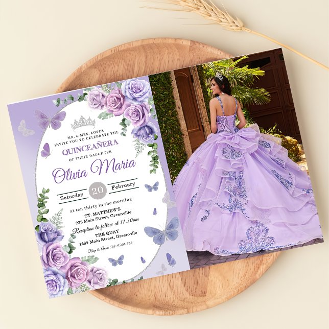 Invitación Quinceañera Tiarra Floral Lila Morado Mariposas  (Subido por el creador)