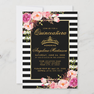 Invitación Quinceanera Tiras De Corona De Oro Floral Rosa