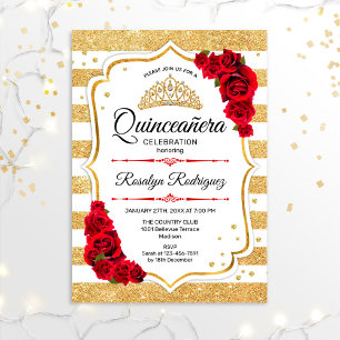 Invitación Quinceanera - Tiras de oro blanco Rojo