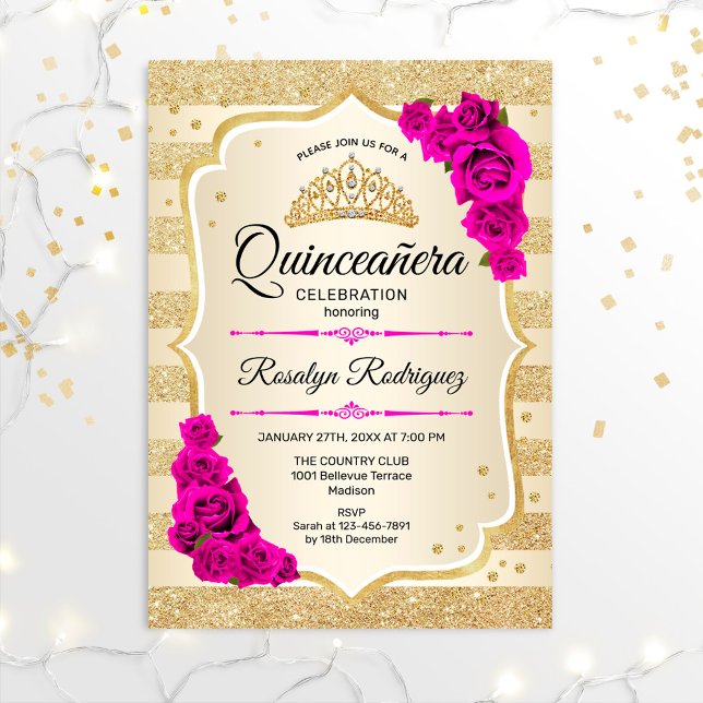 Invitación Quinceanera - Tiras de oro rosadas (Subido por el creador)