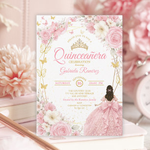 Invitación Quinceañera Tocado Dorado Mariposa Rosa Sonrojada