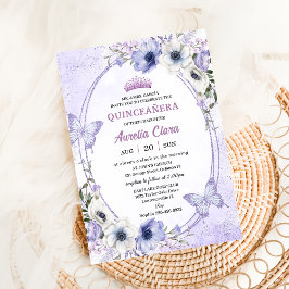 Invitación Quinceañera Tocado Floral Lila Morado Mariposas