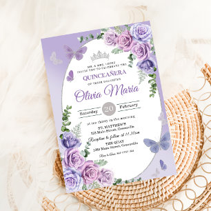 Invitación Quinceañera Tocado Floral Lila Púrpura Mariposas