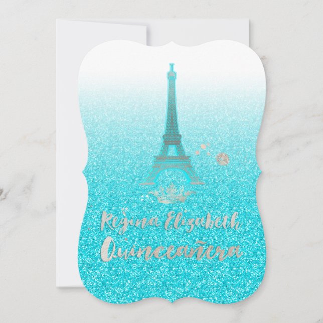 Invitación Quinceañera/Torre Eiffel/Azul/Princesa/Corona (Anverso)
