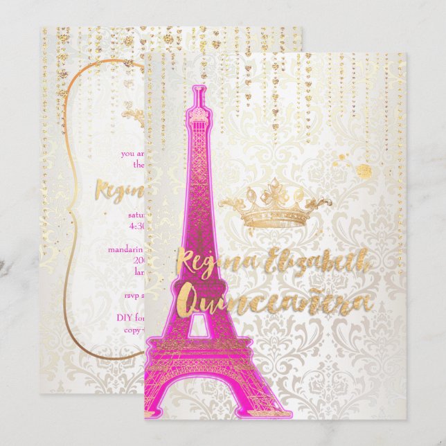 Invitación Quinceanera/Torre Eiffel/Princesa parisina/Púrpura (Anverso / Reverso)