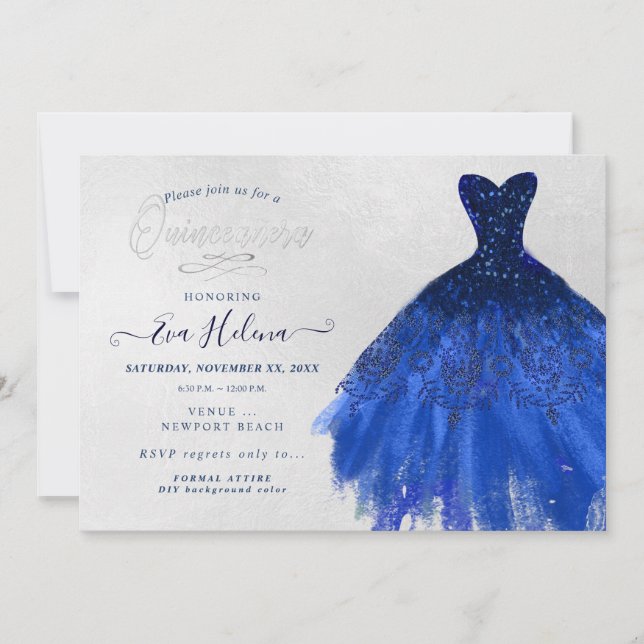 Invitación Quinceañera , traje Purpurinas, azul marino (Anverso)