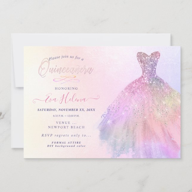 Invitación Quinceañera , traje Purpurinas, dulce de algodón p (Anverso)
